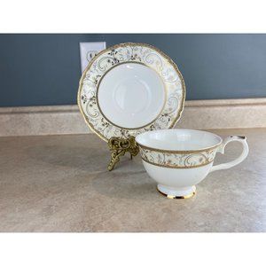 Hampstead Fine Bone China Gold Patterned With Gold Trim Tea Cup and Saucer